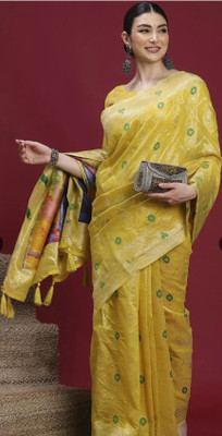 ajmera fashion Floral Print, Geometric Print Bollywood Silk Blend Saree(Yellow)