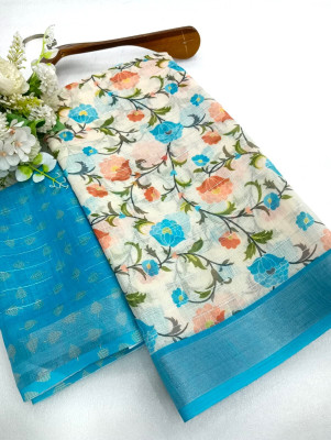 HouseOfCommon Printed Kanjivaram Linen, Cotton Linen Saree(Light Blue)