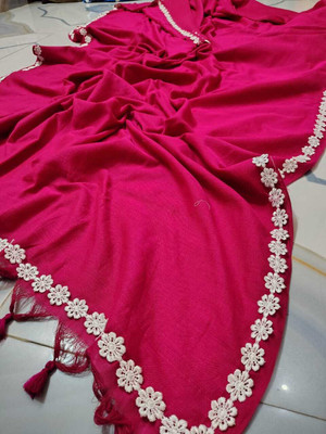TWRIL Solid/Plain, Embroidered Handloom Cotton Blend Saree(Pink)