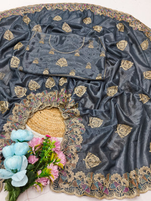 Fikfoluo Embroidered Bollywood Net Saree(Grey)