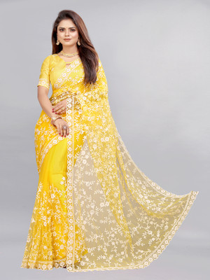 A P DESIGNER Printed Bollywood Net Saree(Yellow)