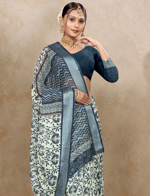 Gajal Printed, Woven Kanjivaram Pure Cotton, Cotton Linen Saree(Cream, Dark Blue)