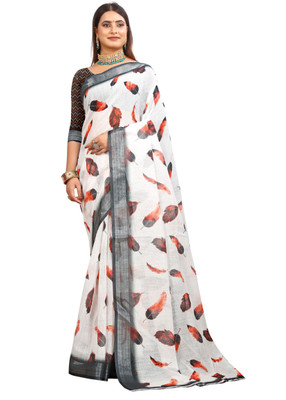 HangerStories Printed Kanjivaram Pure Cotton, Cotton Linen Saree(White)