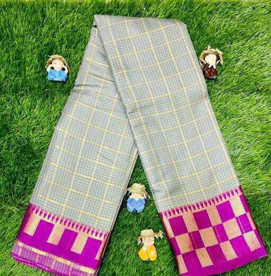 FashionPallavi Checkered Chettinadu Cotton Silk, Jacquard Saree(Grey, Purple)