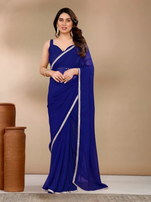 Avishafab Solid/Plain Bollywood Georgette Saree(Dark Blue)
