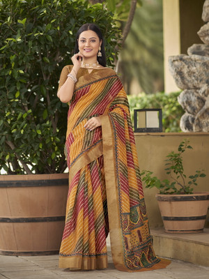 Sariya Digital Print Leheria Chanderi, Cotton Linen Saree(Mustard, Multicolor)