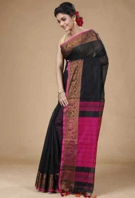 S G SAREES Woven, Striped Bhagalpuri Handloom Cotton Silk Saree(Black, Pink)