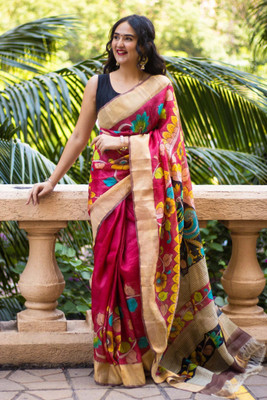 Rashmiwala Floral Print Daily Wear Tussar Silk Saree(Beige, Red, Black, Green)
