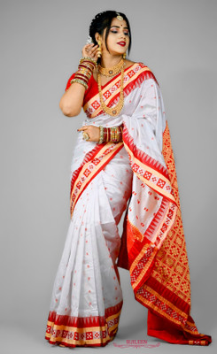 Sijileen Embroidered Sambalpuri Art Silk Saree(White)