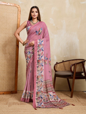 RekhaManiyar Printed Saree with Attached Blouse Georgette Saree(Pink)