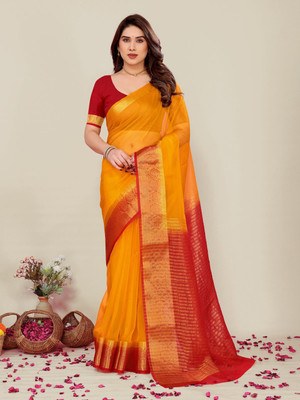 Hema Silk Mills Embellished, Ombre, Self Design Bollywood Organza Saree(Yellow)