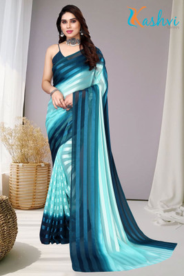 Kashvi Striped Bollywood Satin Saree(Light Blue, Blue)