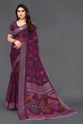 SareezaaStore Geometric Print Bollywood Cotton Linen Saree(Purple)