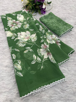niesha fashion Floral Print Daily Wear Georgette Saree(Green)