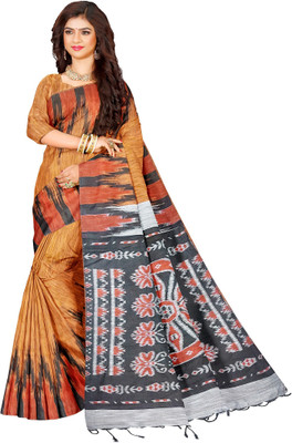 Quetzal Printed Sambalpuri Cotton Blend Saree(Orange)