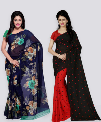 Anand Sarees Polka Print Bollywood Georgette Saree(Pack of 2, Dark Blue, Red)