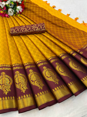 SEASON FAB Woven Banarasi Pure Silk, Cotton Silk Saree(Yellow, Maroon)