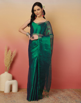 Sangria Solid/Plain, Embellished Bollywood Jimmy choo, Tissue Saree(Green)