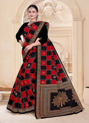 LYNETH Polka Print Sambalpuri Pure Cotton Saree(Black, Red, Gold)