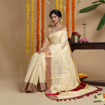 Teejh Solid/Plain Kasavu Tissue Saree(Red)