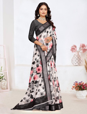 PRTRENDZ Woven Kanjivaram Pure Cotton, Cotton Linen Saree(White, Black)