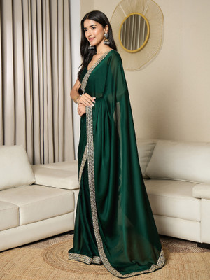 Sareemall Embellished Bollywood Satin Saree(Dark Green)