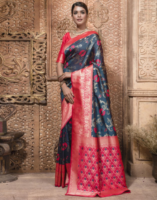 Samah Woven, Embellished, Self Design Banarasi Art Silk Saree(Blue, Pink)