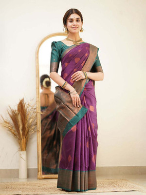 Moda Rapido Woven Banarasi Cotton Blend Saree(Purple)
