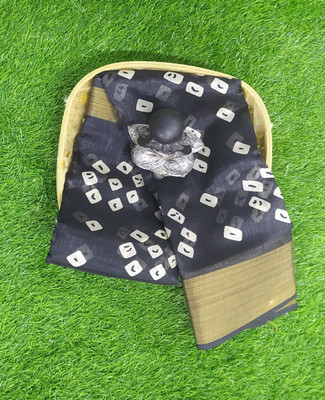 Hanvi Creation Printed Bandhani Cotton Blend Saree(Black)