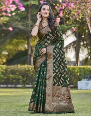 Satrani Woven, Embellished, Self Design Ikkat Organza, Jacquard Saree(Dark Green, Gold)