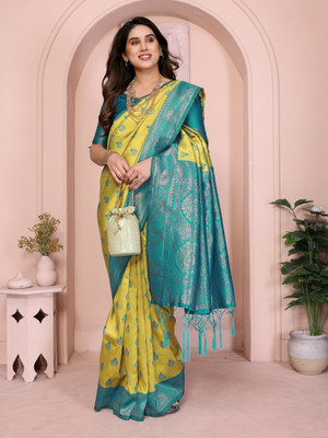 MangalMurat Woven, Self Design Banarasi Cotton Silk Saree(Yellow, Blue)