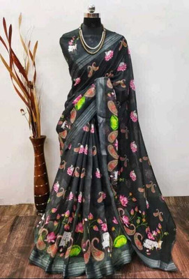 Bhagwati Creation Digital Print, Printed Bollywood Cotton Linen Saree(Black)