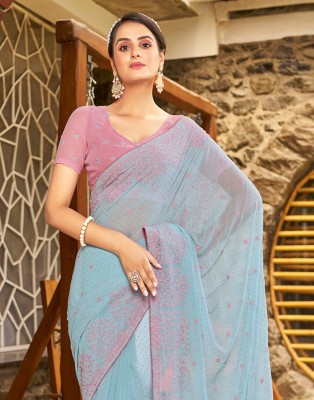 Samah Dyed, Embroidered, Embellished Bollywood Chiffon, Georgette Saree(Light Blue, Pink, Silver)