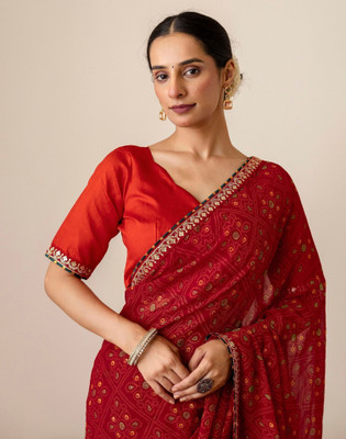 Satrani Embroidered Bandhani Georgette, Chiffon Saree(Red)