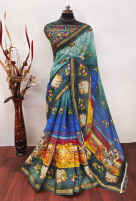Saaransh Floral Print Kanjivaram Linen, Cotton Silk Saree(Multicolor)