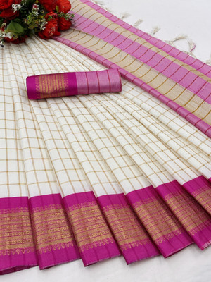 KanjiQueen Checkered Jamdani Silk Blend, Cotton Blend Saree(White, Pink)