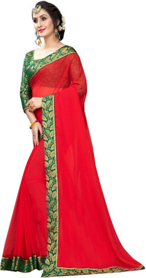 K.C Solid/Plain Bollywood Georgette Saree(Red, Green)