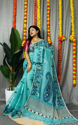 Pasum's Self Design, Embroidered, Woven, Floral Print Jamdani Cotton Silk Saree(Blue)