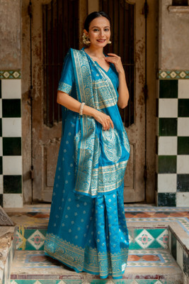 SUBHAM Woven, Embellished Banarasi Silk Blend Saree(Light Blue)