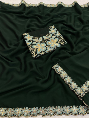 K 5 FASHION Solid/Plain Bollywood Chiffon Saree(Green)