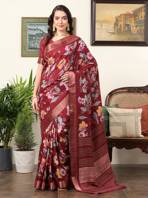 Sareemall Printed Madurai Silk Blend Saree(Maroon)