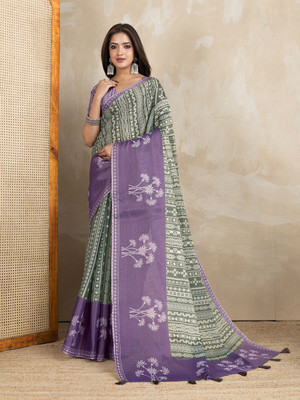 BINAKA FASHION Printed, Geometric Print Daily Wear Cotton Linen, Jacquard Saree(Green, Purple)