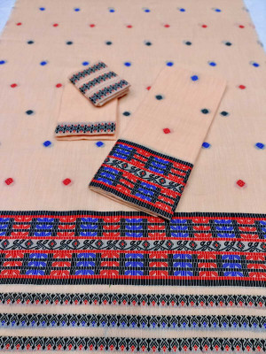 SARITA SILK MILS Woven, Geometric Print, Self Design Mekhela Chador Cotton Blend Saree(Beige)