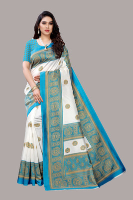 Priyashi Printed Mysore Art Silk Saree(Light Blue, White)