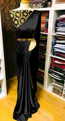Aika Solid/Plain Bollywood Silk Blend Saree(Black)