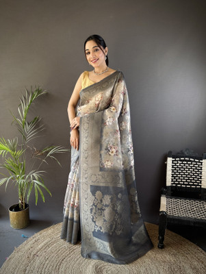 Elora Floral Print Banarasi Silk Blend Saree(Grey)