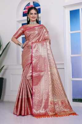SHREE NATH CREATION Woven Dharmavaram Cotton Blend Saree(Orange, Gold)