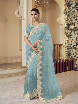 odette Embellished Saree with Attached Blouse Chiffon Saree(Light Green)