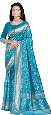 DHAYNAAND REEWA FASHION Floral Print, Woven Kalamkari Jacquard Saree(Light Blue)