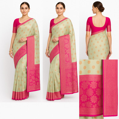 PL ventures Floral Print Banarasi Art Silk Saree(Beige)
